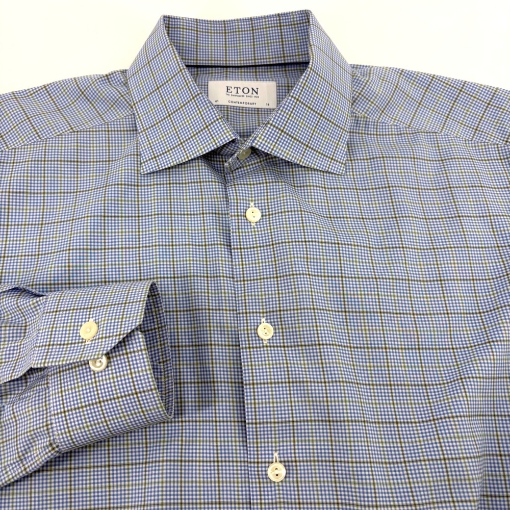 Eton Contemporary Fit Blue Green Micro Check Fine Twill Cotton Dress Shirt 16 41